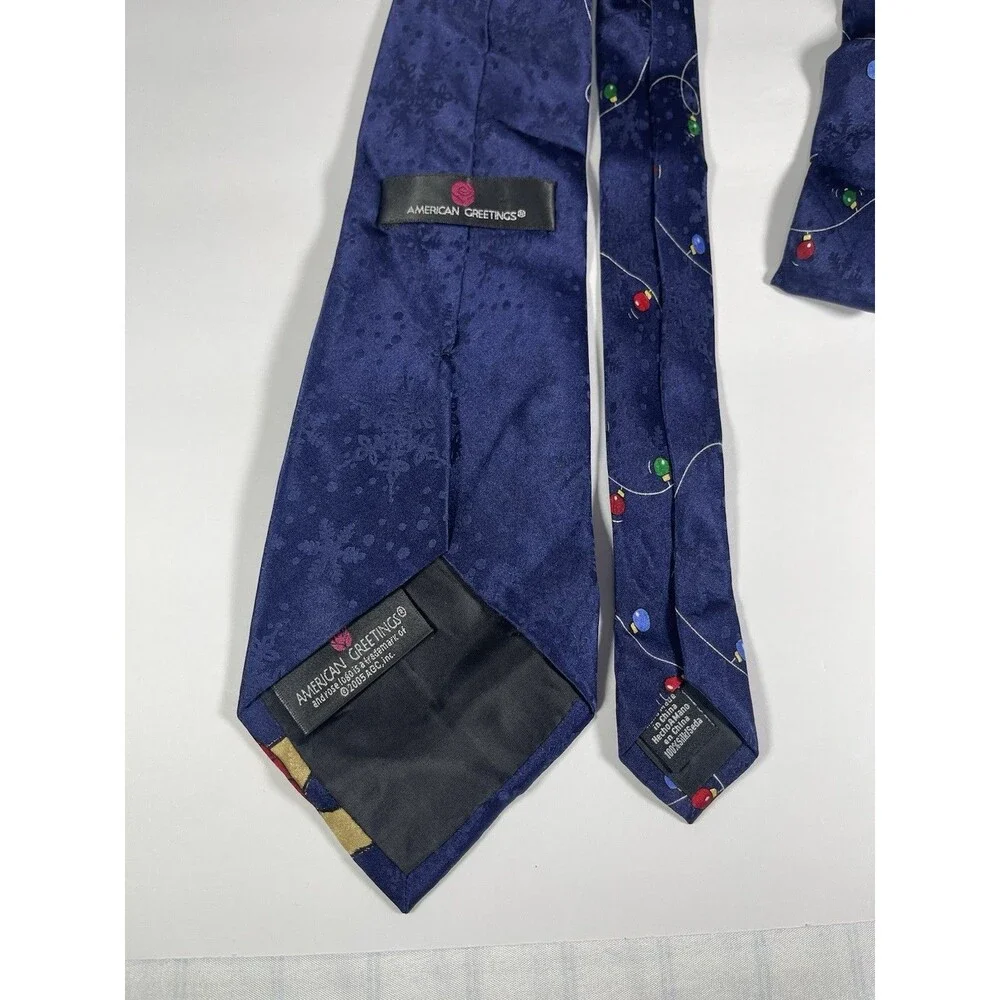 American Greetings Silk Necktie Reindeer Christmas Lights Snowflakes Navy Blue